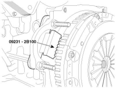 Install the SST (09231 3D100) to hold the ring gear after removing the service cover. 1. Remove the two transaxle mounting bolts (A) and the service cover (B) on the bottom of the lower crankcase. 2.