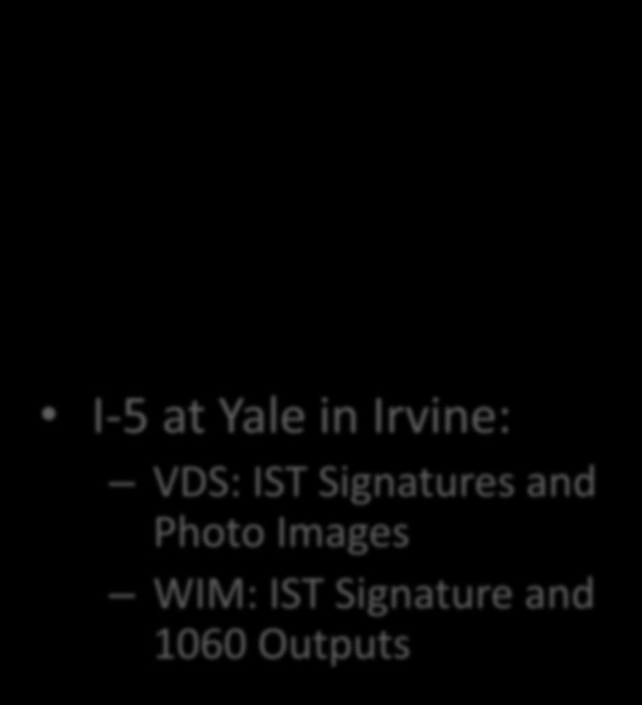 Data Collection Locations I-5 at Yale in Irvine: VDS: IST Signatures and Photo Images WIM: IST