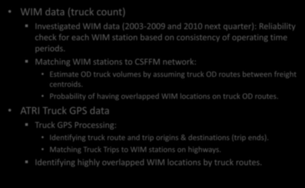 Optimal Facility Location WIM data (truck count) Investigated WIM data (2003-2009 and 2010 next quarter): Reliability check for each WIM station based on consistency of operating time periods.
