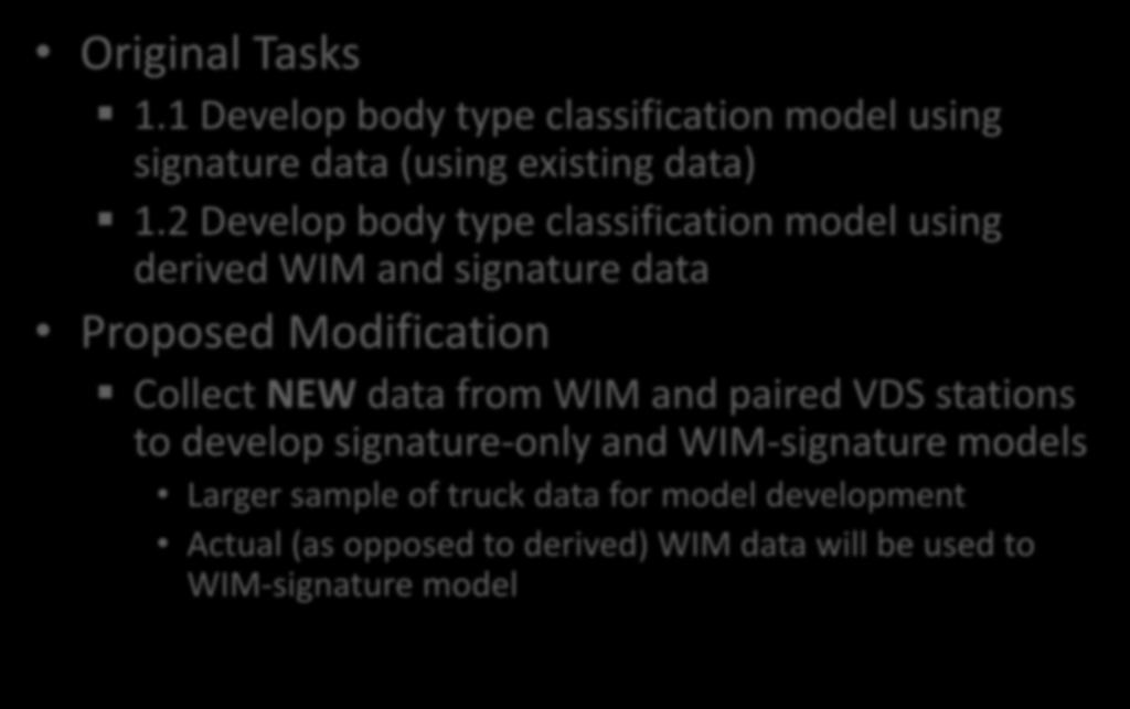 Proposed Task Modifications (Reported in Apr Jul 2012 Quarterly Report) Original Tasks 1.1 Develop body type classification model using signature data (using existing data) 1.