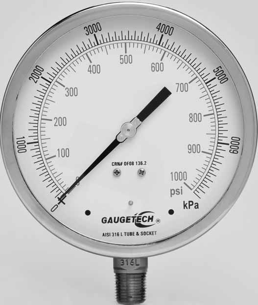 Pressure Gauges GTG60 Series (6 /125mm) Stainless Steel Pressure Gauges 1 2 NPT Mount Applications Chemical and petrochemical industries, conventional and nuclear power plants, pumps, hydro-cleaning