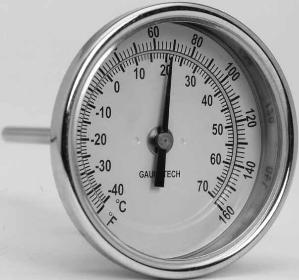 Thermometers Rear Connection Bi-metal Thermometers Overview Gaugetech Bi-metal Thermometers are manufactured according to ASME B.40.3 under strict compliance with ISO 9000.