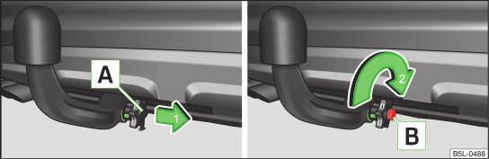 The handwheel lies flush with the tow bar - there is no gap. The cover B is attached to the locked handwheel lock. Do not use the towing device unless the tow bar has been properly locked! Fig.