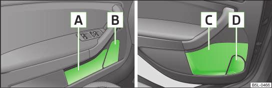 Storage compartments in the doors Never put heavy items in the map pockets risk of injury! CAUTION Never put large objects into the map pockets, e.g. bottles or objects with sharp edges - risk of damaging the pockets and seat coverings.