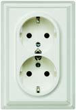 Socket outlets SCHUKO double socket outlets 117 mm x 80 mm For switch and socket boxes with 60 mm Ø Screw-type terminals Non-insulated parts not covered by molded plastic Titanium white (similar to