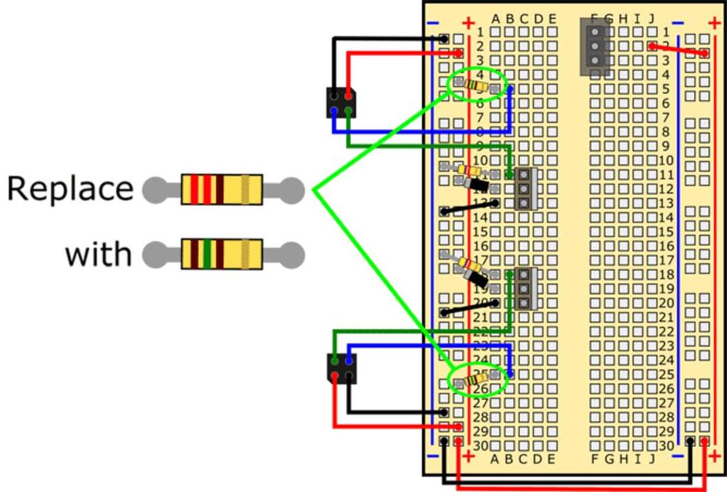 17 of 19 9/10/2018, 11:03 AM Figure 12. Swap out the 220 Ω resistors for 150 Ω resistors (circled in green). 3. Test your robot again. It should move slower and have an easier time making turns.