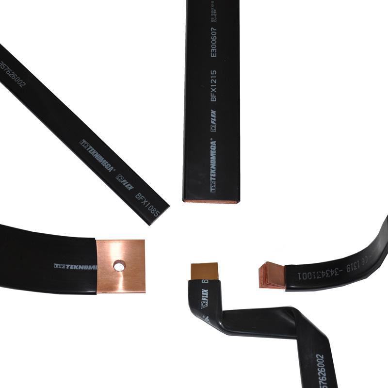 1 INSULATED MULTI LAMINATE FLEXIBLE COPPER BUS-BARS TYPE: BFX Supplied in 2 metre lengths Easy & quick shaping due to laminate flexibility Increased safety due to insulation Max rated voltage 1000VAC