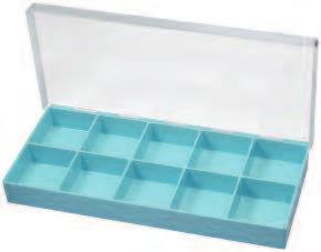 Light blue bottom and transparent sliding lid with stacking notches.