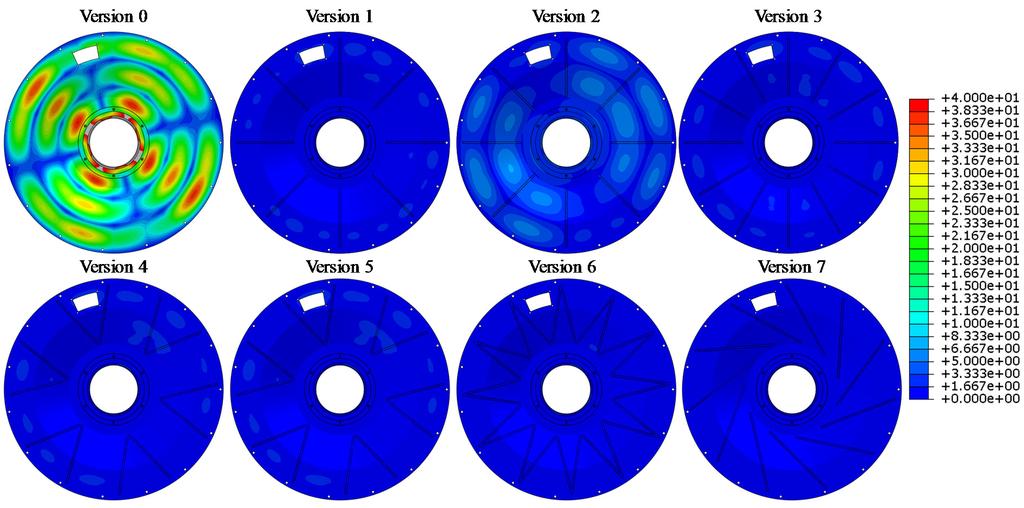 120 Aachen Acoustics Colloquium 2017 vibrations of the different design configurations are visualized. Version 0 represents the reference configuration without additional stringers.