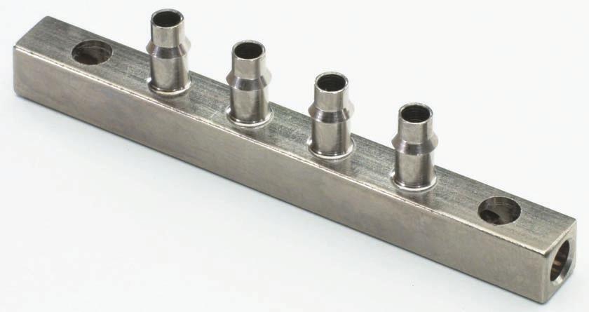 MANIFOLDS B - Block Manifold B - HH - Mounting Hole Both Ends TT - 10-32 Thread Port Both Ends 2-1/16 Barb 4-1/8 Barb # of Barbs 4, 6, 8, 10, 12 Part # # of Stations Fitting Size BHH2-04 4 BHH2-06 6
