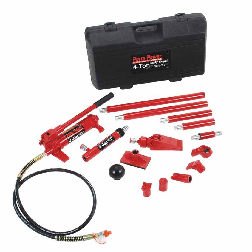 Snap-lock design for quick, easy assembly Automatic pump overload system protects against damage to rams and equipment 4 Ton kit comes in a blow molded plastic case Heavy walled extension tubes stand
