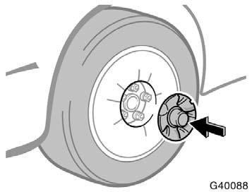 Otherwise, the nuts may loosen and the wheels may fall off, which could cause a serious accident. Reinstalling wheel ornament Steel wheels 10.Reinstall the wheel ornament. 1. Put the wheel ornament into position.