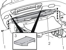 19 Applies to the V70 and the XC70 Undo the screws (1) of the centre air baffle (2) and remove it by pressing up the catches (3).