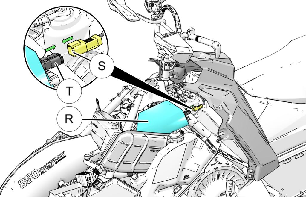 g. Locate the female connector of the tether S and connect with the male end on the chassis harness T. Once connected, close the electrical cover ba