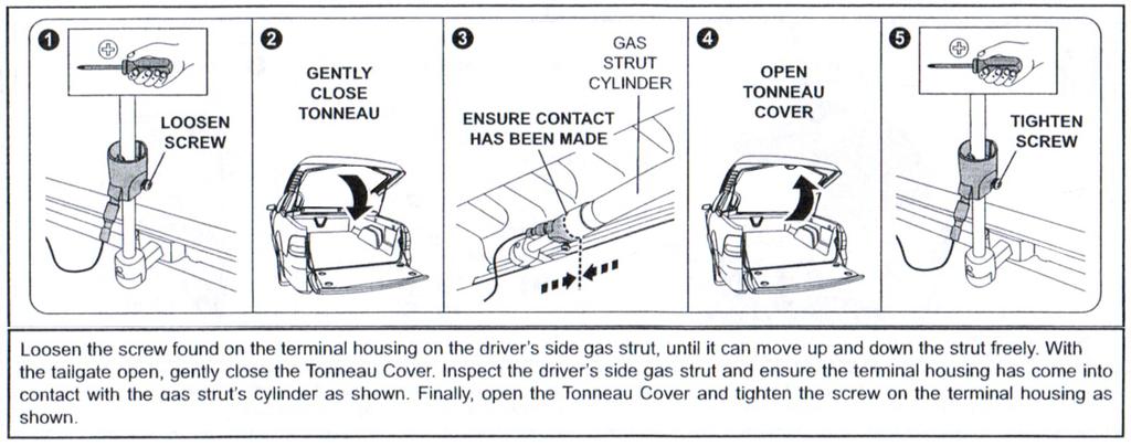 Gas Strut Terminal Adjustment for Interior Light. *Please Refer to this only if your interior light doesn t turn off correctly when Tonneau is closed.