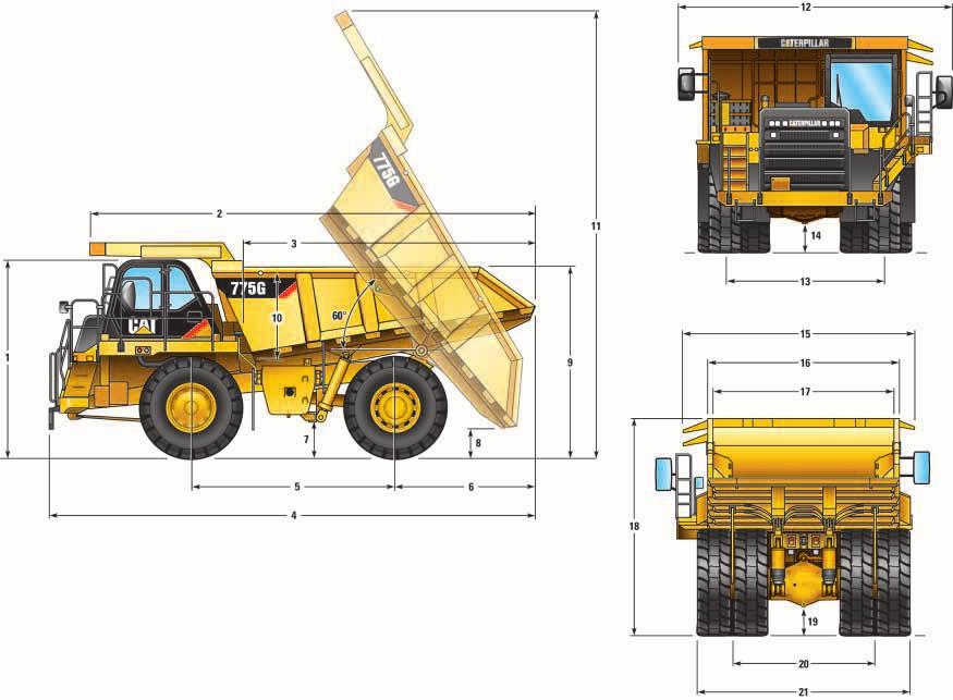 Dimensions All dimensions are approximate. Dual Slope Flat Floor Quarry 1 Height to Top of ROPS 4108 mm 13.48 ft 4108 mm 13.48 ft 4108 mm 13.48 ft 2 Overall Body Length 9215 mm 30.23 ft 9293 mm 30.