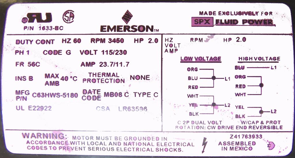 WIRING DIAGRAM FOR THE EMERSON 110/220 MOTOR, FOR 110: LINE 1 TO ORANGE, BLUE, AND RED LINE 2 TO WHITE, YELLOW, BLACK,