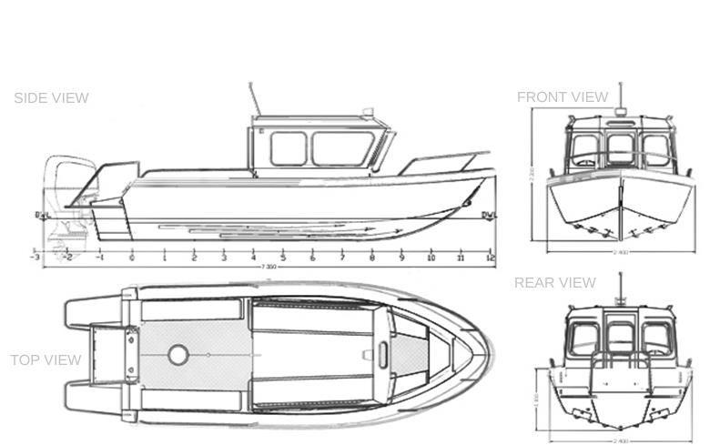 Characteristics TRIDENT 720 CT Indigo: Length overall Beam Midship depth Dead rise Draught Carrying capacity Passenger-carrying capacity Fuel tank 7350 mm 2400 mm 1100 mm 17 400 mm 960 kg 7 pers.