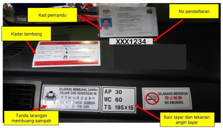 Tanda Badan Dalaman Mempamerkan di bahagian dashboard kenderaan, rujuk Gambar 13 i. Kad pemandu ii. Nombor pendaftaran kenderaan iii.