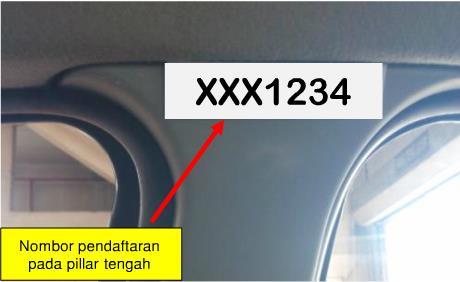 Mempamerkan nombor pendaftaran kenderaan di bahagian atas kedua-dua pillar tengah, rujuk Gambar 14 Pada kedua-dua pillar tengah Gambar 14 Mempamerkan piagam pelanggan di dalam kenderaan: i.