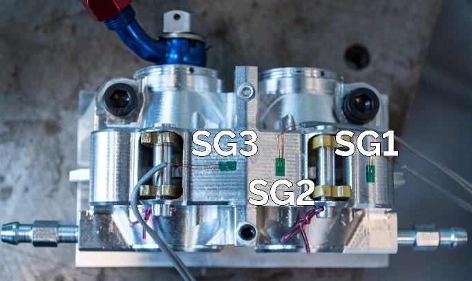 Figure 13: Strain gauges mounted on front caliper. Figure 14: Strain gauges mounted on rear caliper. The mechanical testing was carried out as listed: 1.