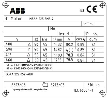 Rating plates The motor s main rating plate shows the motor s