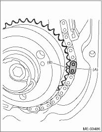 (1) Align the timing chain mark (blue) to the intake cam sprocket (LH) timing mark. (A) Blue (B) Timing mark (2) Align the timing chain mark (blue) to the exhaust cam sprocket (LH) timing mark.