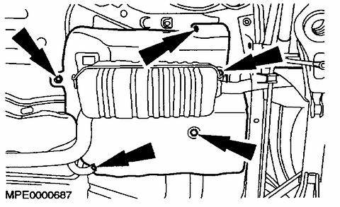 8. Remove the heat shield. 9. Disconnect the fuel tank vent pipes and filler pipe. CAUTION: When removing the fuel tank vent and filler pipes, do not use any sharp edge tools to lever off the pipes.