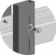 9 mm] HIGH RECESSED IN DOOR BACK EDGE STEP #12: PLUMB UPRIGHTS VERTICALLY AND SECURE TO CP-403 HEADER TRACK WITH 1/4 -#14 X 3/4 HEX TEX SCREWS AND 5/16 EXTERNAL TOOTH LOCK WASHER (1 OF EACH REQUIRED