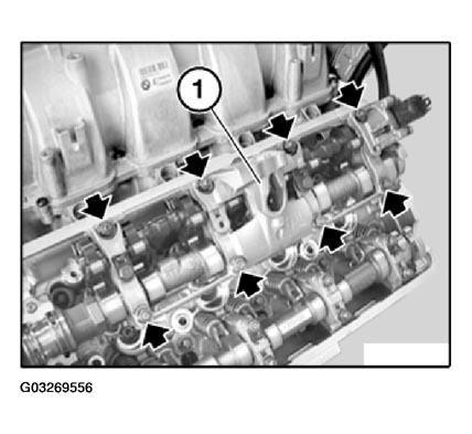 Fig. 241: Locating Nuts Of Bearing Bracket NOTE: Rocker arms are freely accessible after bearing bracket has been removed. Do "not" remove rocker arm (1) on inlet side.