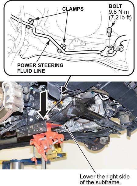 Loosen the mid-stiffener mounting bolt on both sides. Remove the bolts securing the oil pan. FRONT SUBFRAME Pry here. SUBFRAME MID-BRACKET BOLT (Both sides.