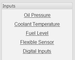 5.4 DIGITAL INPUTS The inputs page is subdivided into smaller sections. Select the required section with the mouse. 5.4.1 OIL PRESSURE If a CAN Engine File is selected Most engines give oil pressure from CAN link.