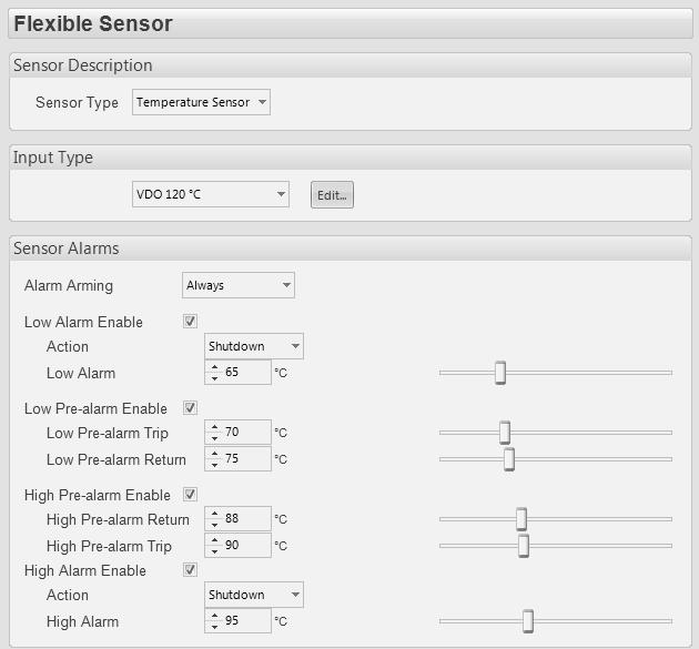 5.4.4 FLEXIBLE SENSOR Select the sensor type Click to edit the sensor curve. See section entitled Editing the sensor curve. Click to enable or disable the alarms.