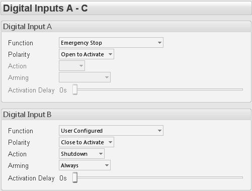 input is active: Never, always, active from starting, active from the end of the safety timer Example of a user configured input Close or open to activate Click and drag to change the setting.
