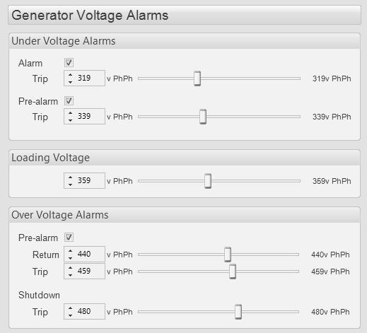 5.7.2 GENERATOR VOLTAGE Click to enable or disable the alarms. The relevant values below will appear greyed out if the alarm is disabled. Click and drag to change the setting.
