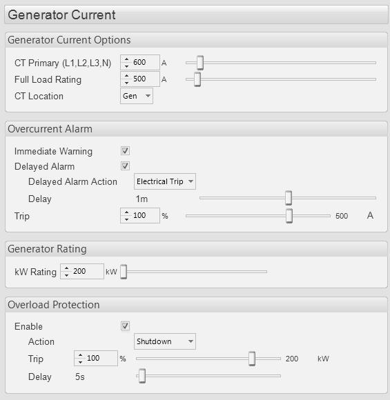 5.7.4 GENERATOR CURRENT This is the CT primary value as fitted to the set (CT secondary must be 5A). The full load rating is the 100% rating of the set in Amps. Click to enable or disable the option.