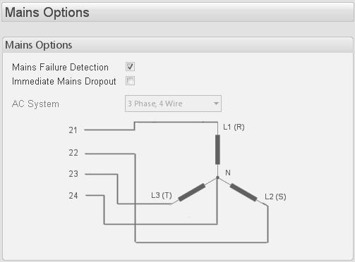 5.8 MAINS = Only available on DSE7120 MKII AMF Modules The mains page is subdivided into smaller sections. Select the required section with the mouse. 5.8.1 MAINS OPTIONS If three phase loads are present, it is usually desirable to set this parameter to to enable Immediate Mains Dropout.