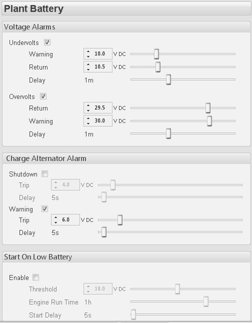 5.9.6 PLANT BATTERY Click to enable or disable the option. The relevant values below will appear greyed out if the alarm is disabled. Click and drag to change the setting.