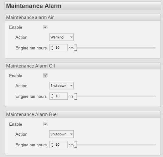 5.11 MAINTENANCE ALARM Click to enable or disable the option. The relevant values below will appear greyed out if the alarm is disabled.