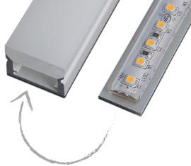 continuous illumination aluminum channel. Includes frosted polycarbonate cover for shadowless light distribution. Complete with track for easy strip insertion. Available in 1M lengths.