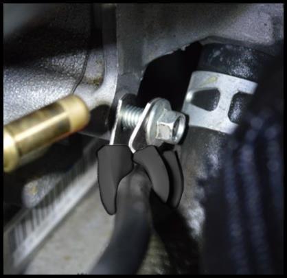 i) Install the 8mm bolt into the brackets mounted on the CorkSport fuel line. Torque to 71-97 in-lbs (shown in Figure 8e). j) Forward mounting bracket shown in Figure 8f.