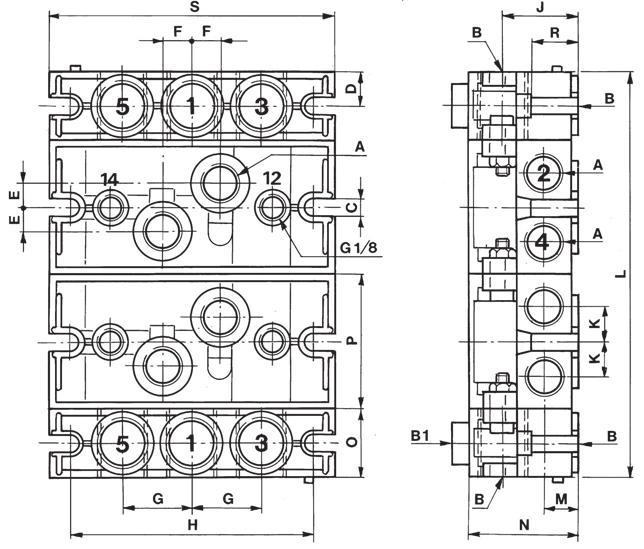 3/2, 5/2 and 5/3 Valves, Series 581 Sub-bases for manifold mounting, ISO 1 2 (metric) Valve manifolds, connection ports 2 and 4, side ported Size Dim. Manifold base A Part no.