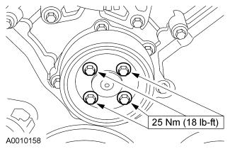 Page 12 of 24 45. Using the special tool, install the crankshaft pulley. 46. NOTE: Use special tool 303-009 or suitable strap wrench to hold the pulley.