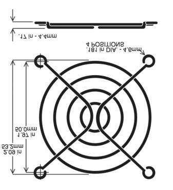 Fan Guards 60mm - 92mm (2.32-3.62 ) 60mm (2.36 ) Part No.: G60-4 Matching Fan Series: OD6010, OD6015, OD6020, OD6025, OA60 Material: C1008 Steel Wire Dia (Ring): 1.6mm Wire Dia (Rib): 1.