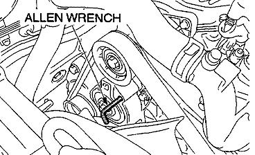 2. After the drive belt has been installed, remove the Allen wrench while holding the drive belt auto tensioner with a socket wrench drive. Then release the drive belt auto tensioner slowly.