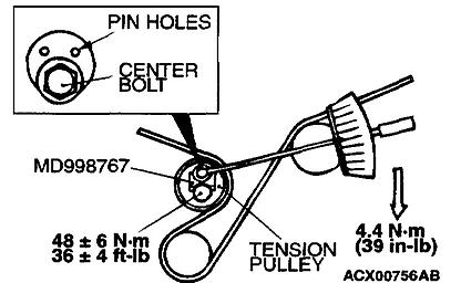 6. Loosen the center bolt of the tensioner pulley. Use special tool MD998767 and a torque wrench to apply the standard torque to the timing belt as shown in the illustration.