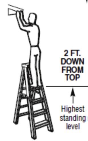 Always use step ladders in the open position. Never stand on the top two steps of a step ladder. Do not place a ladder on boxes, barrels, or unstable bases.