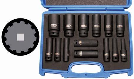 14-piece "Gearlock" Impact Socket Set, 10-32 mm - includes 1/2" drive impact sockets in following sizes: 10-12 - 13-14 - 15-17 - 18 19-21 - 22-24 - 27-30 - 32 mm - fits on metric, SAE, 6-pt & 12-pt