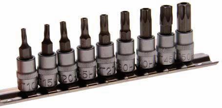 170 mm 8833 1/4" T-Star Bit Socket Set, T10 - T50 - includes 1/4" T-Star Bit Sockets, following sizes: - T10-T15-T20-T25-T27-T30-T40-T45-T50 - satin chrome finish - knurled - on metal rail - for more