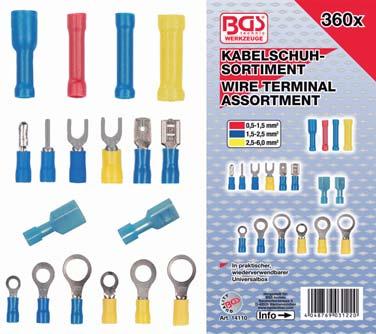 360-piece Cable Lug Assortment - includes the following terminals: - 20x crimping sleeve 0.25-1.5mm² (red) - 30x crimping sleeve 1.5-2.